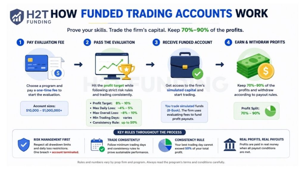 4-step flow diagram explaining how funded trading accounts work