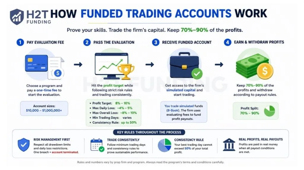 4-step flow diagram explaining how funded trading accounts work