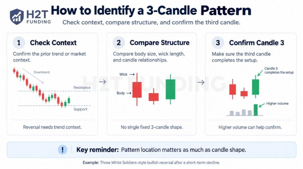 A 3-candle pattern can be validated by checking market context, candle structure, and third-candle confirmation