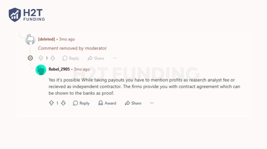 A Reddit trader says prop firm payouts can be documented as independent contractor or research analyst income
