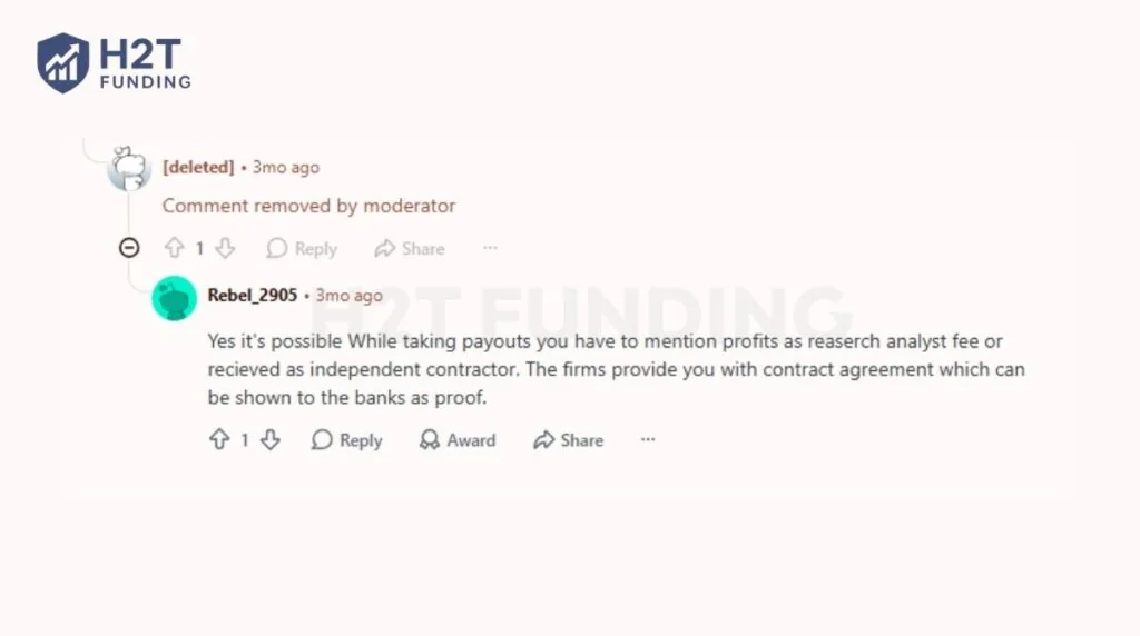 A Reddit trader says prop firm payouts can be documented as independent contractor or research analyst income
