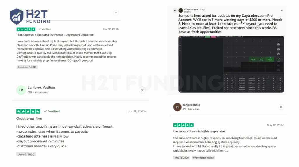 A collection of verified user reviews from Trustpilot and Reddit confirming rapid payout approval times and highly responsive support