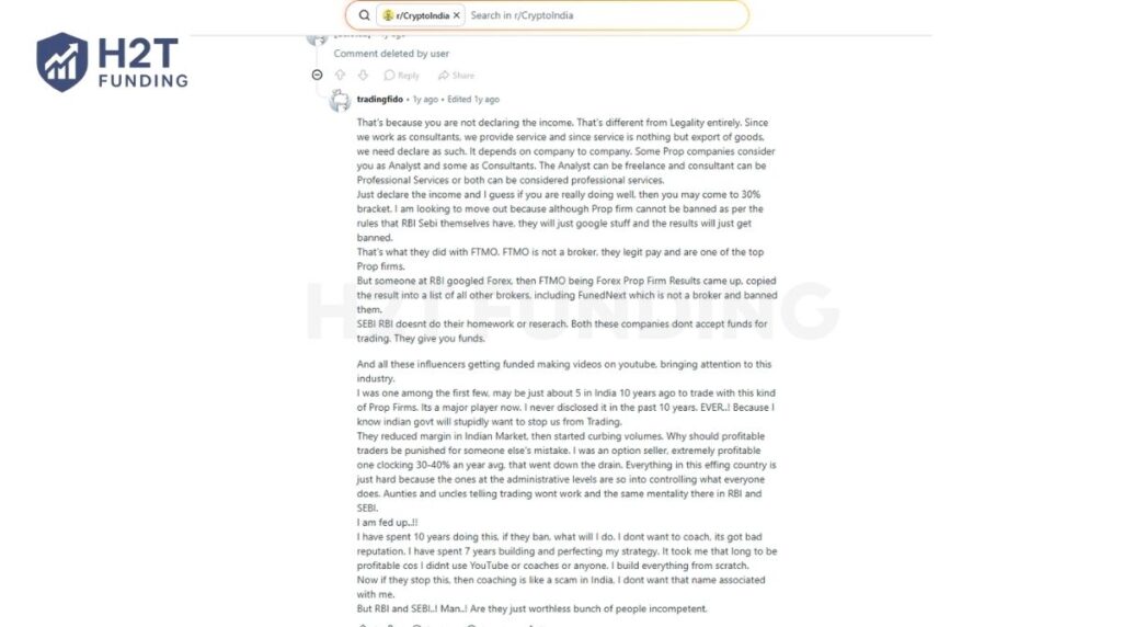 A funded trader on Reddit says FTMO legitimately pays traders despite being on the RBI Alert List
