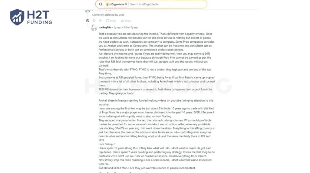 A funded trader on Reddit says FTMO legitimately pays traders despite being on the RBI Alert List