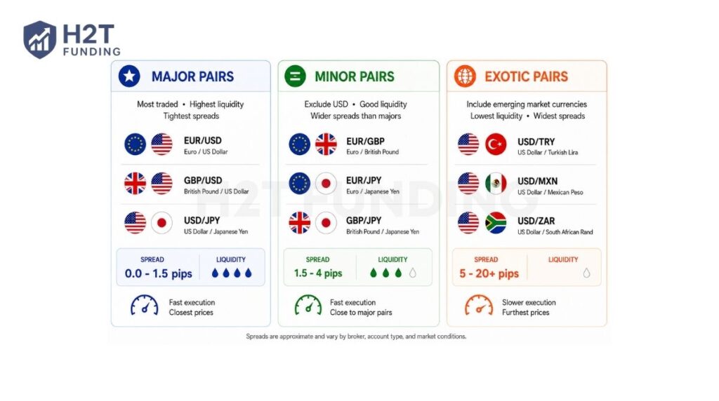 A quick comparison of Major, Minor, and Exotic forex pairs by liquidity, spreads, and trading conditions