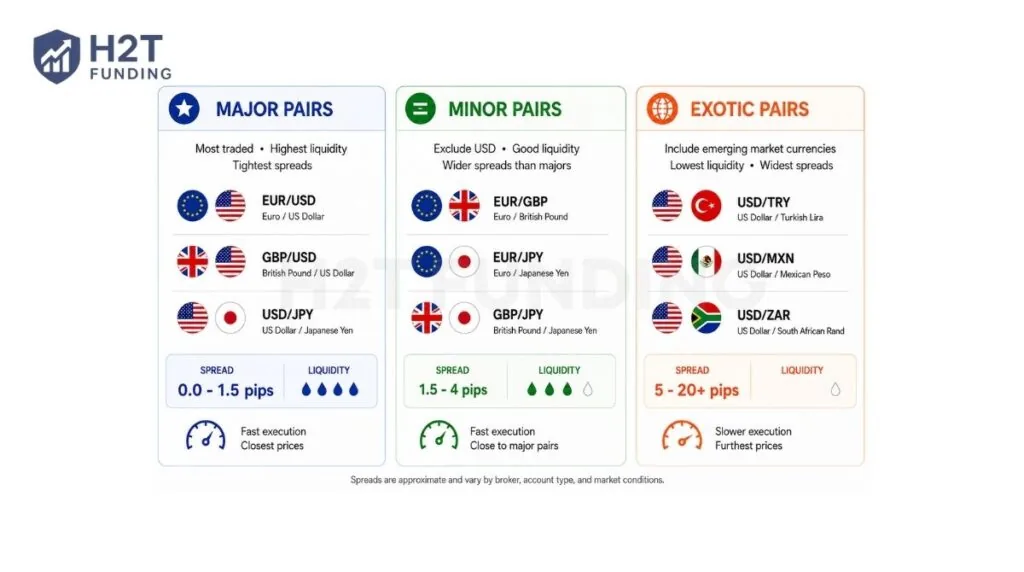A quick comparison of Major, Minor, and Exotic forex pairs by liquidity, spreads, and trading conditions