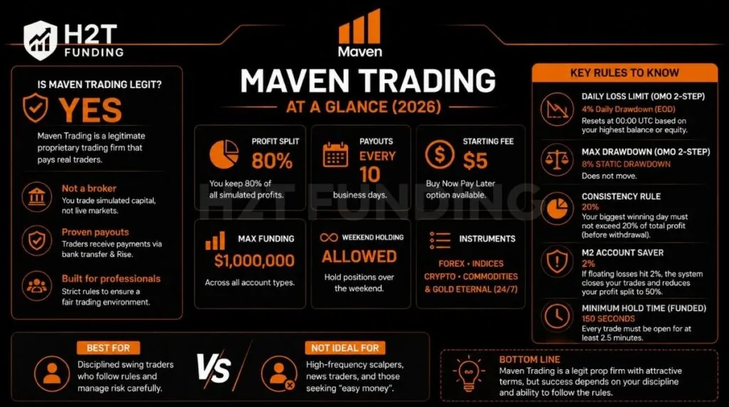 A quick overview of Maven Trading's profit split, drawdown limits, and funded account rules