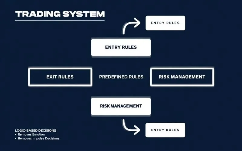 A trading system is a set of predefined rules for entries, exits, and risk management