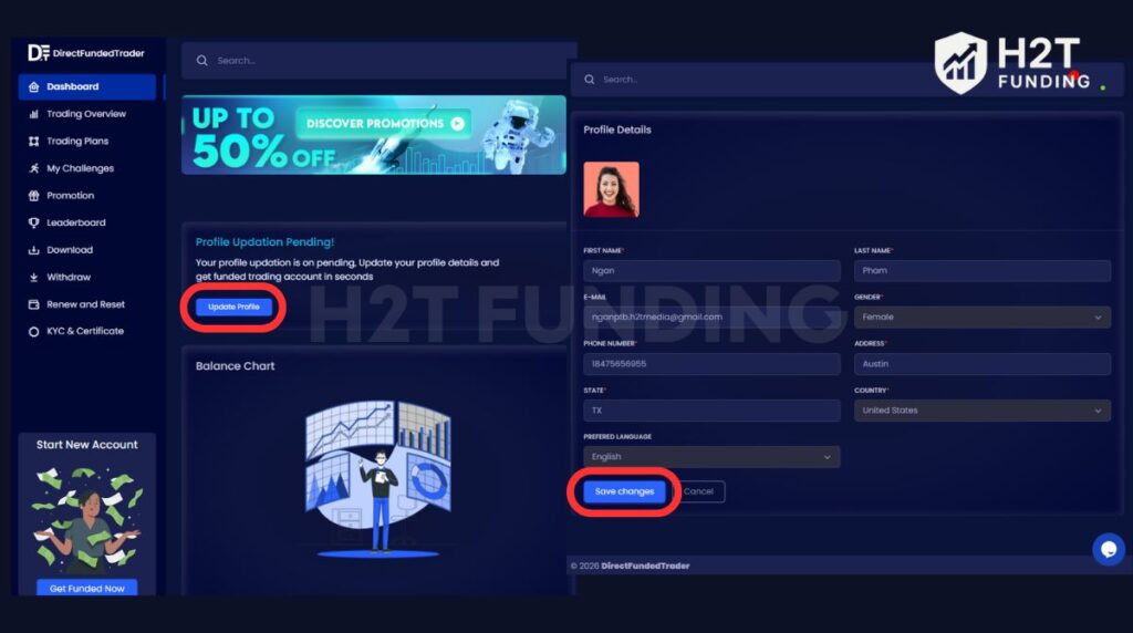 Accessing the dashboard and updating profile