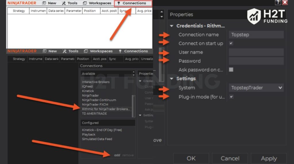 Add the Topstep-Rithmic connection in NinjaTrader