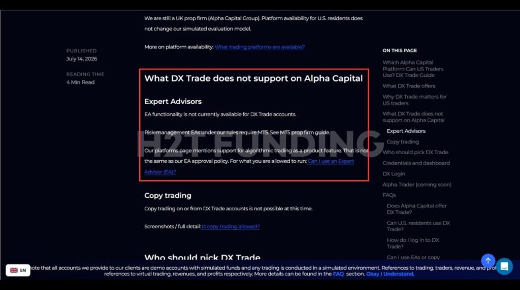 Alpha Capital DXtrade Limitations