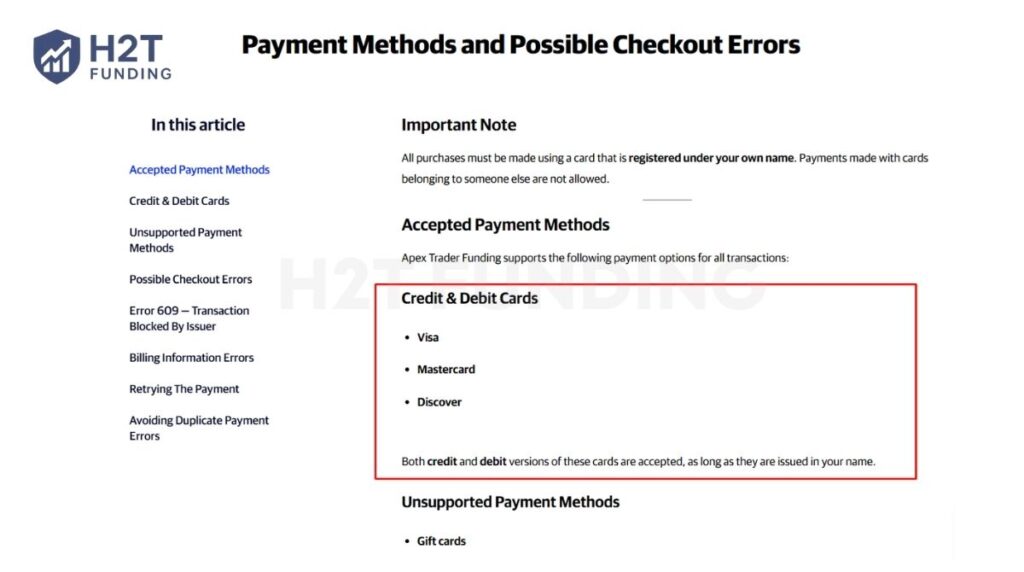 Apex Trader Funding accepted payment methods and unsupported cards for PA activation fee