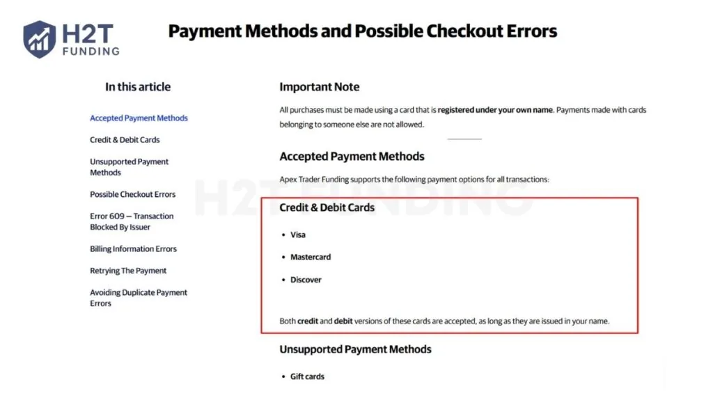 Apex Trader Funding accepted payment methods and unsupported cards for PA activation fee