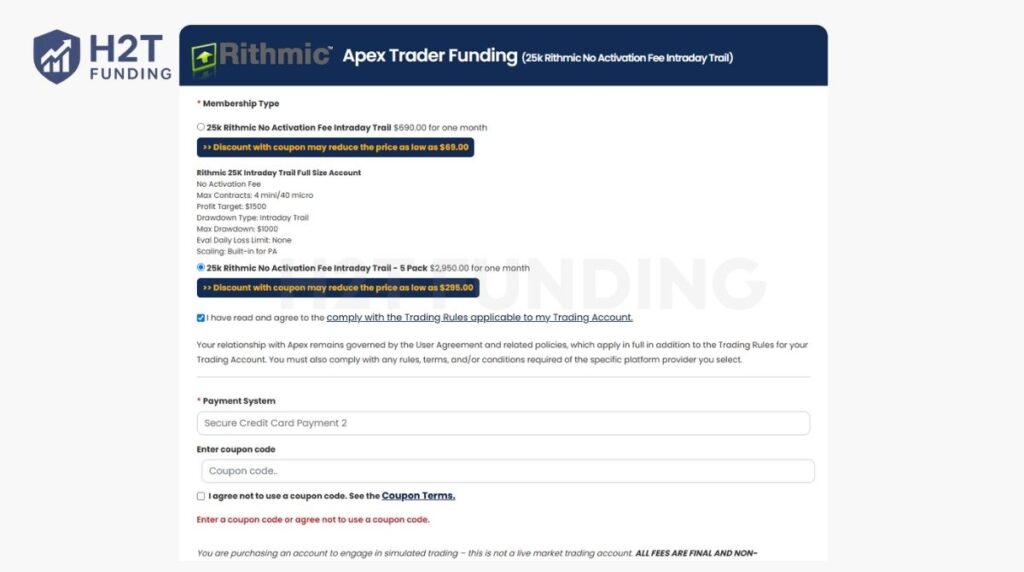 Apex Trader Funding checkout page showing coupon code entry and 5-Pack No Activation Fee discount