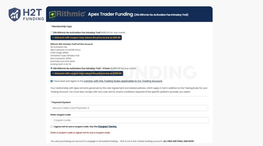 Apex Trader Funding checkout page showing coupon code entry and 5-Pack No Activation Fee discount