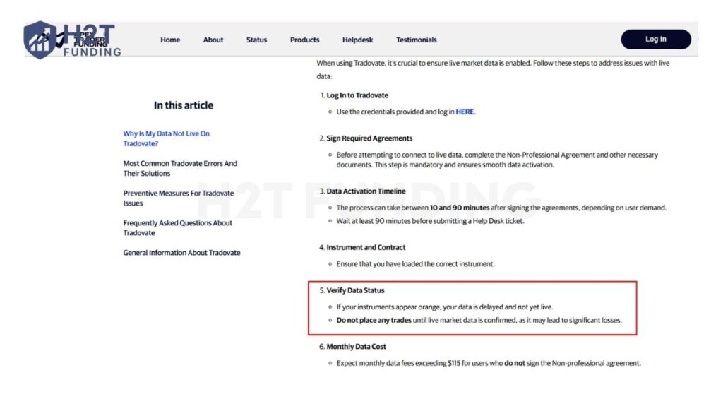 Apex Trader Funding official warning to verify Tradovate data status and avoid trading on orange delayed tickers