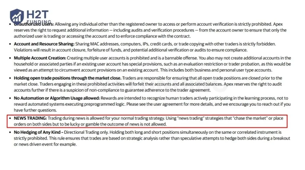 Apex allows news trading when traders follow their normal directional strategy