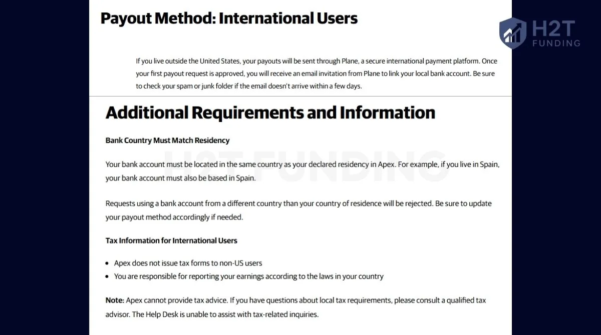 Apex payout methods for international trader