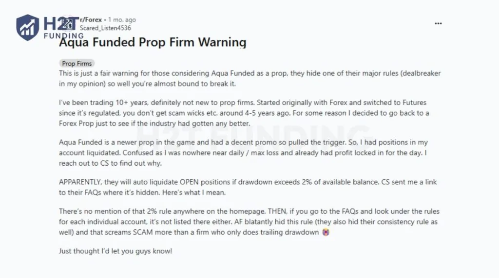 Beyond Trustpilot, Aqua Funded review Reddit discussions also raise concerns
