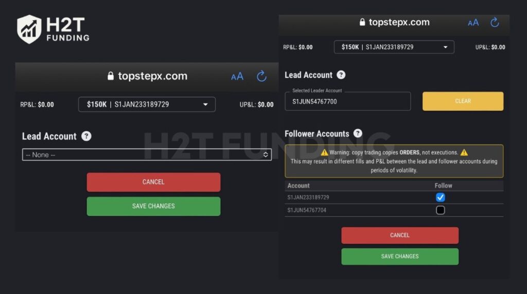 Choose the account you want to set as the Leader and Followers