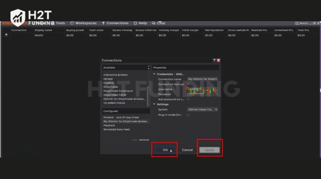 Click Apply and OK to save your Rithmic connection settings