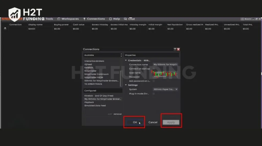 Click Apply and OK to save your Rithmic connection settings