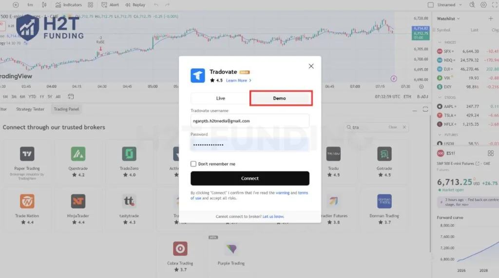Click Connect, and TradingView will link to your Topstep Combine via Tradovate