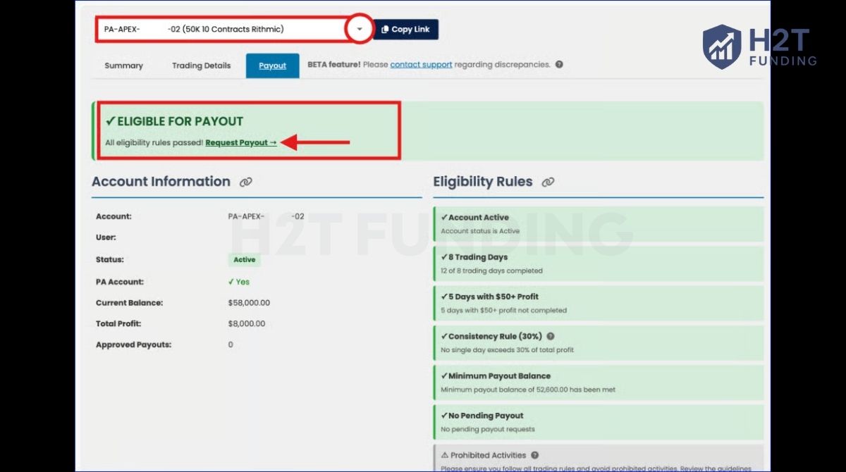 Click Request Payout on the eligible PA