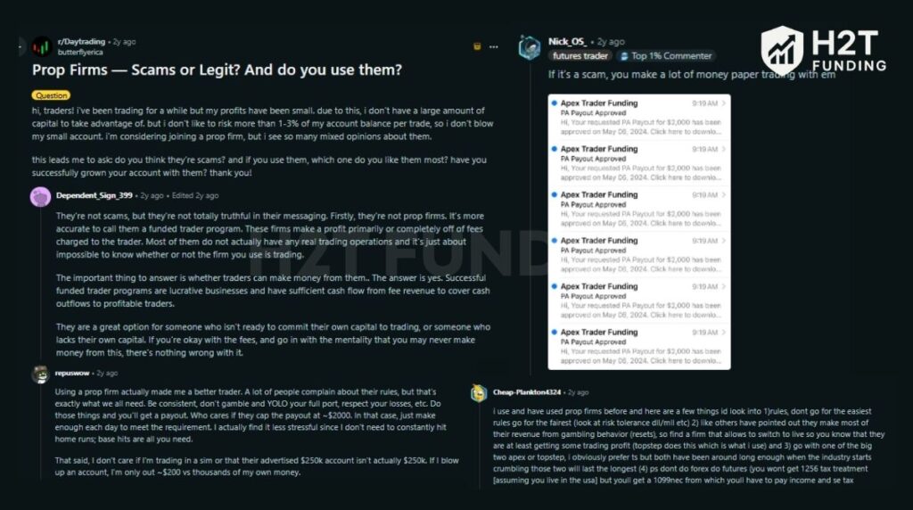 Community discussions across Reddit about whether a prop firm is a scam
