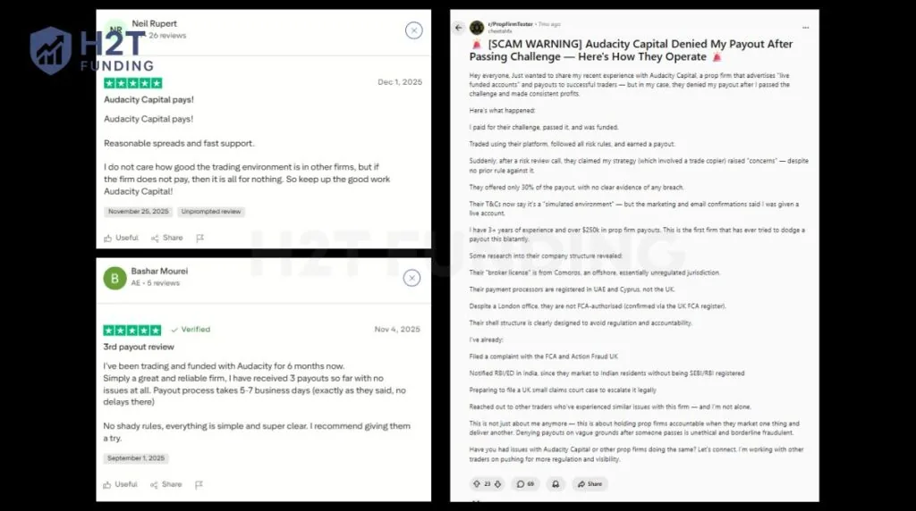 Community feedback on Trustpilot and Reddit about Audacity Capital