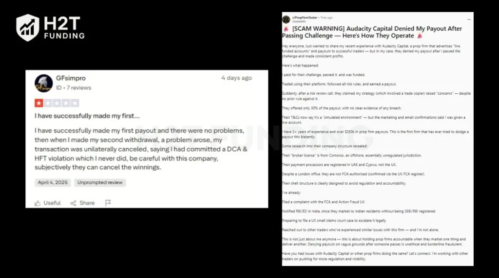 Community feedback on Trustpilot and Reddit about Audacity Capital