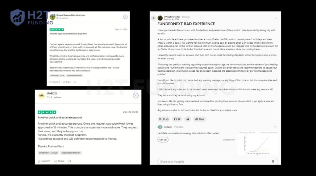 Community feedback on Trustpilot and Reddit about FundedNext