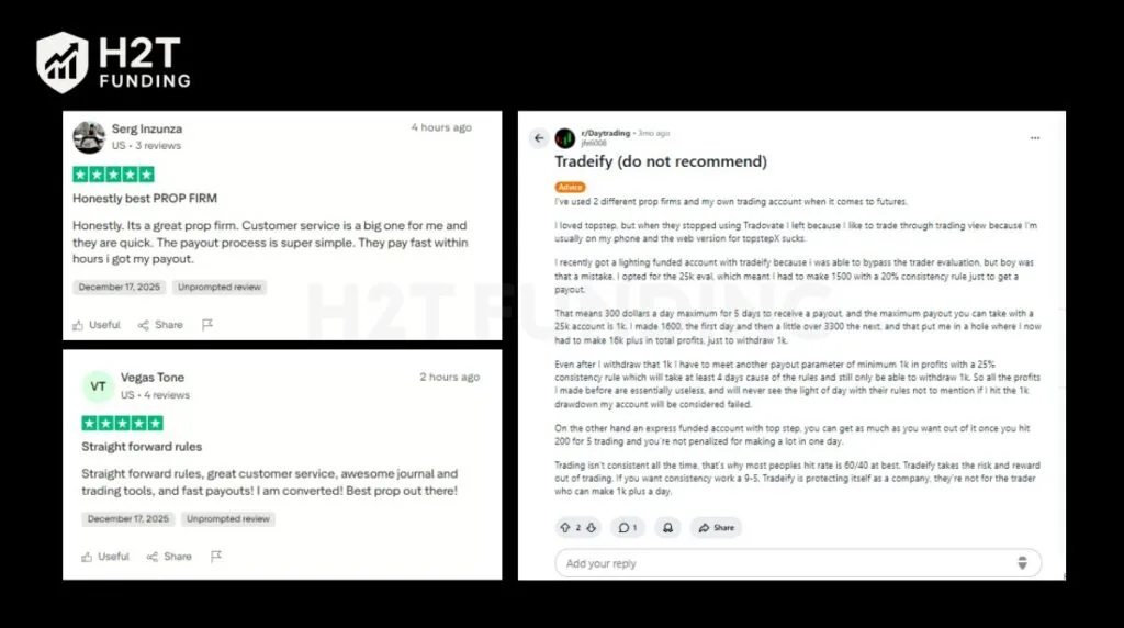 Community feedback on Trustpilot and Reddit about Tradeify
