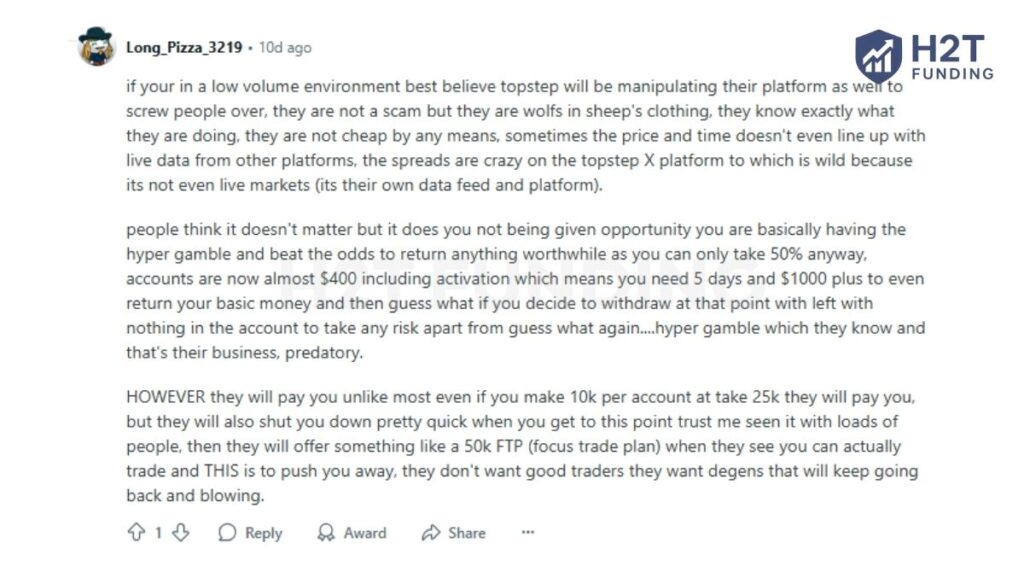 Complaint about the TopstepX platform spreads and payout conditions