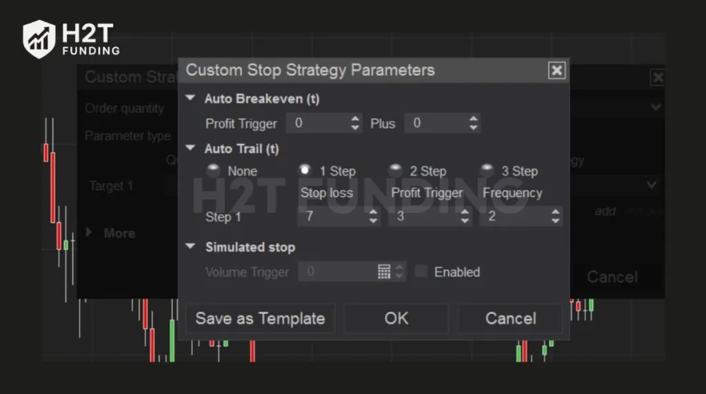 Configuring Auto Breakeven and Auto Trail settings in the Custom Stop Strategy parameters