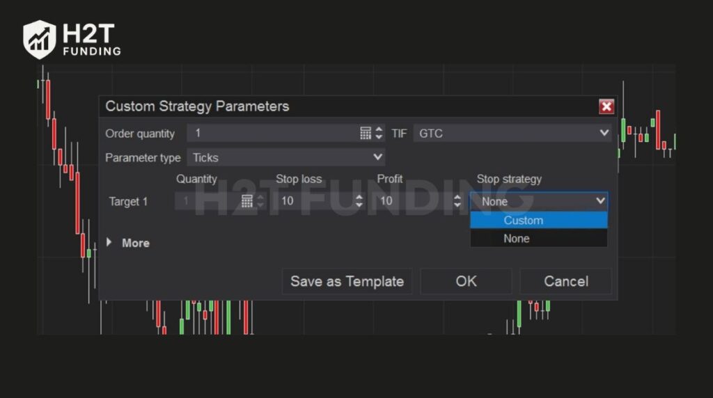 Configuring tick values for Stop Loss, Profit Target, and Stop strategy in the Custom parameters window