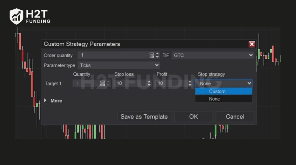 Configuring tick values for Stop Loss, Profit Target, and Stop strategy in the Custom parameters window