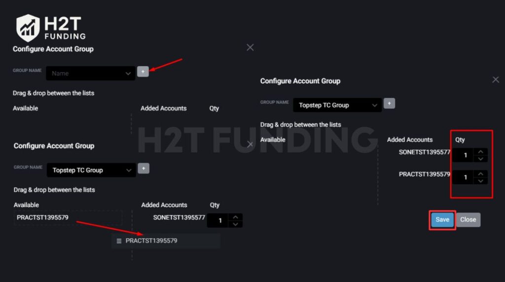 Create a group and drag the accounts you want to copy trades to