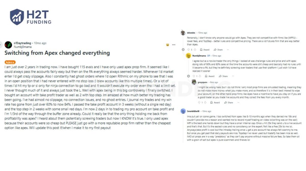 Discussions about FTMO vs Apex on Reddit reveal a more nuanced picture