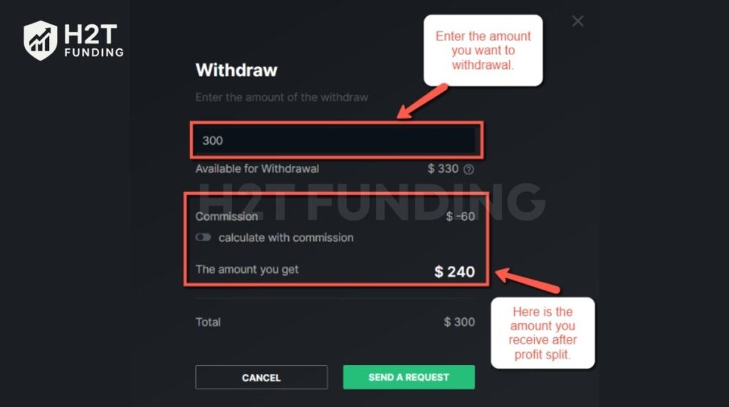 Enter the withdrawal amount and confirm the payout calculation