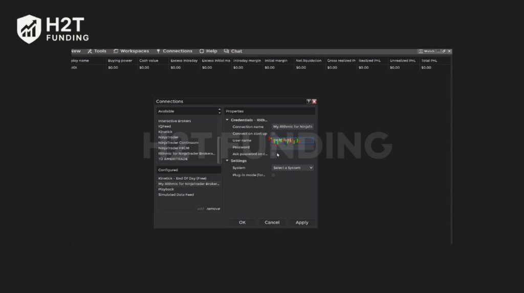 Entering your Rithmic credentials and configuring system settings in the Properties panel