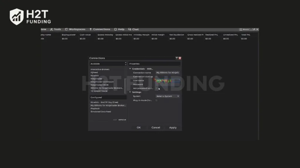 Entering your Rithmic credentials and configuring system settings in the Properties panel