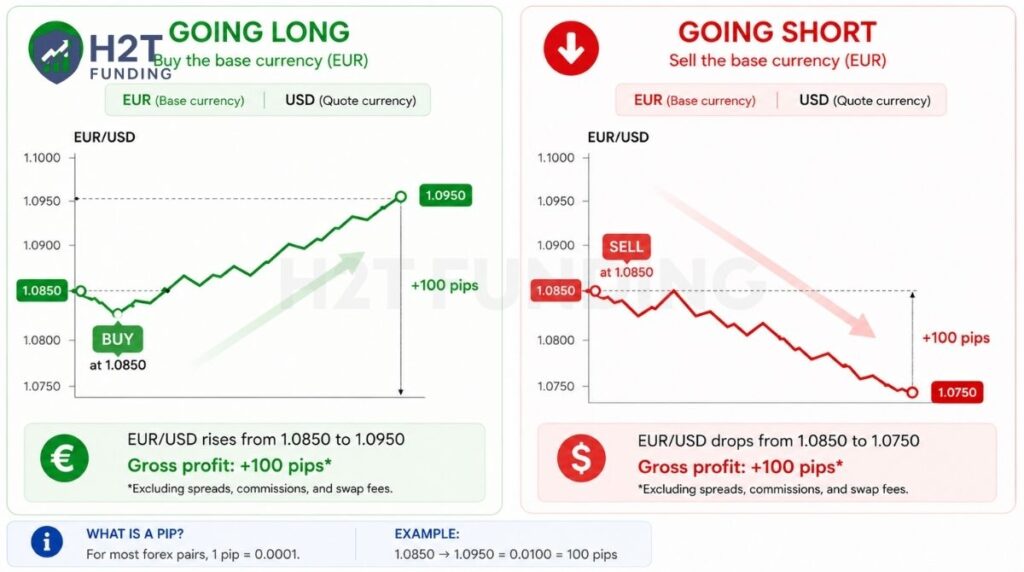 Example of long and short EUR/USD trades showing how traders profit from both rising and falling markets