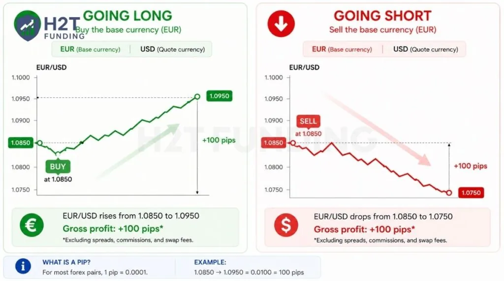 Example of long and short EUR/USD trades showing how traders profit from both rising and falling markets