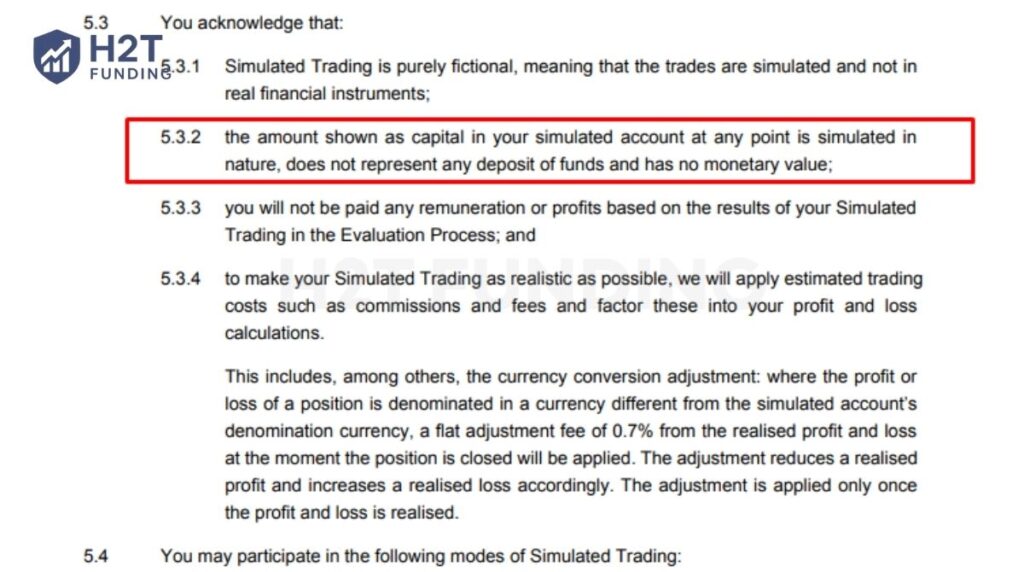 FTMO states that its simulated account capital has no monetary value