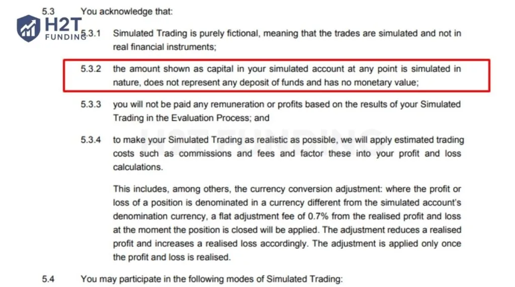 FTMO states that its simulated account capital has no monetary value