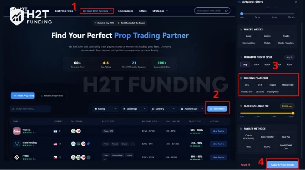 Filtering prop firms by MT4 or MT5 on H2T Funding