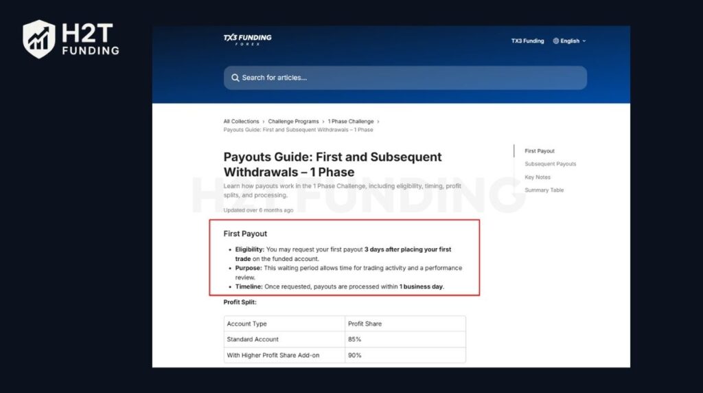 First payout eligibility and processing timeline outlined in the TX3 Funding Help Center