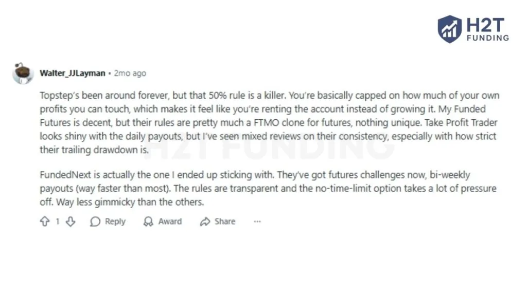 FundedNext stands out for its no-time-limit option and bi-weekly payout cycle