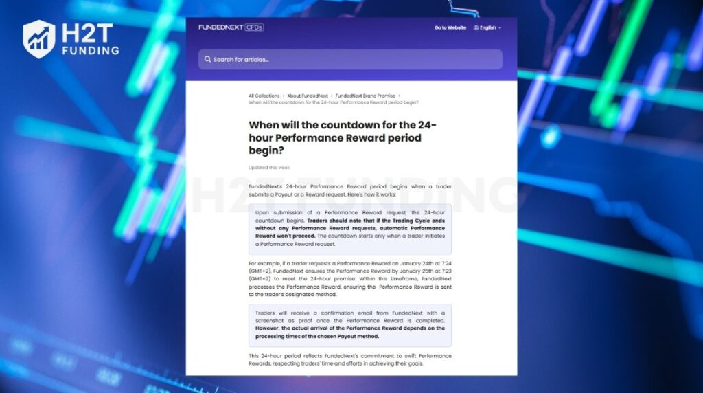 FundedNext’s official policy detailing the start of the 24-hour performance reward countdown